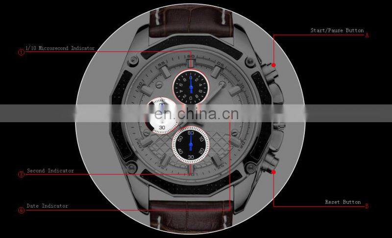 MEGIR 2015 Men Leather Strap Analog Chronograph Calendar Wrist Watch Military Sport Men Wristwatch
