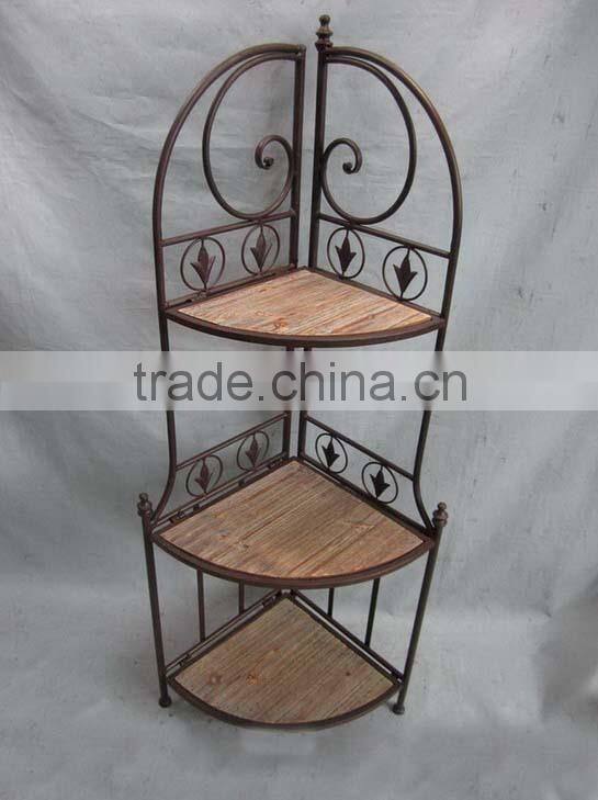new design factory price wrought iron and wood corner shelf