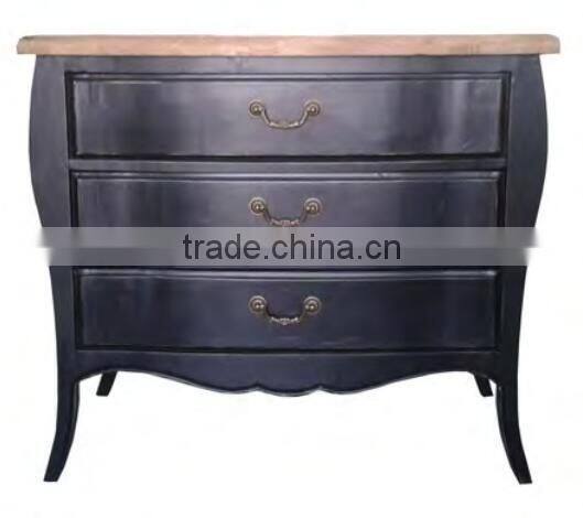 Black paint rustic French reproduction birch wood drawer cabinet