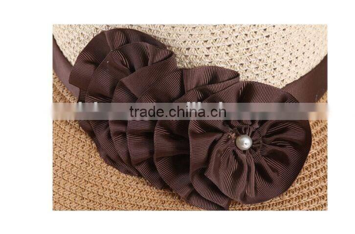 QXSH0029 Summer flower ribbon beach hat New patchwork straw hat Fedora Bucket