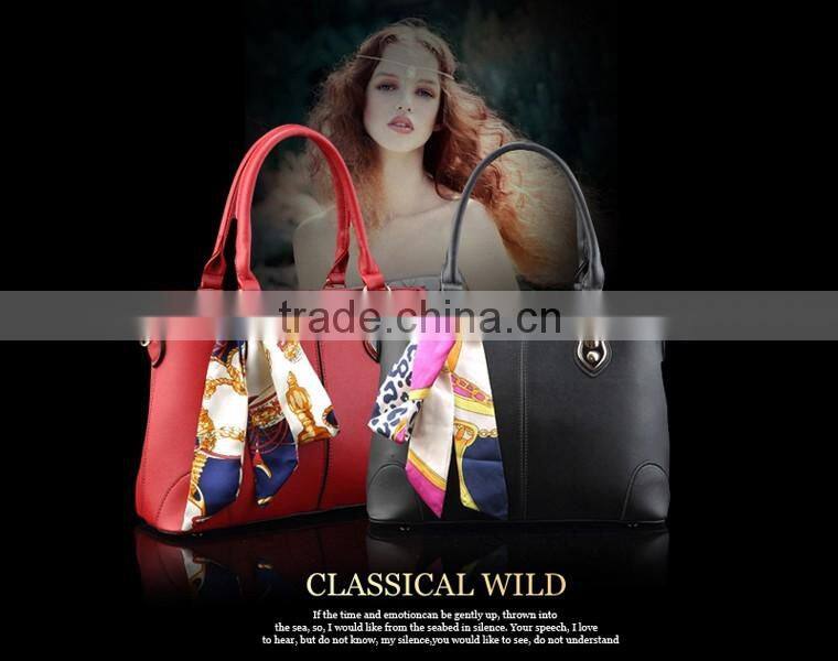 Bostom bag leisure PU handbag with silk bowknot ribbon custom beautiful leather handbag tote bag for lady in guangzhou
