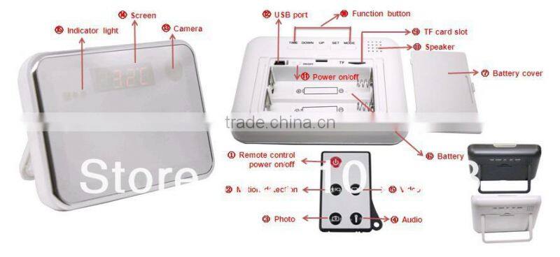 New Arrival Plane Mirror Alarm Clock Camera JVE-3311G,Remote Control/Video&Audio/Motion Detection Multi-Function Clock Camera