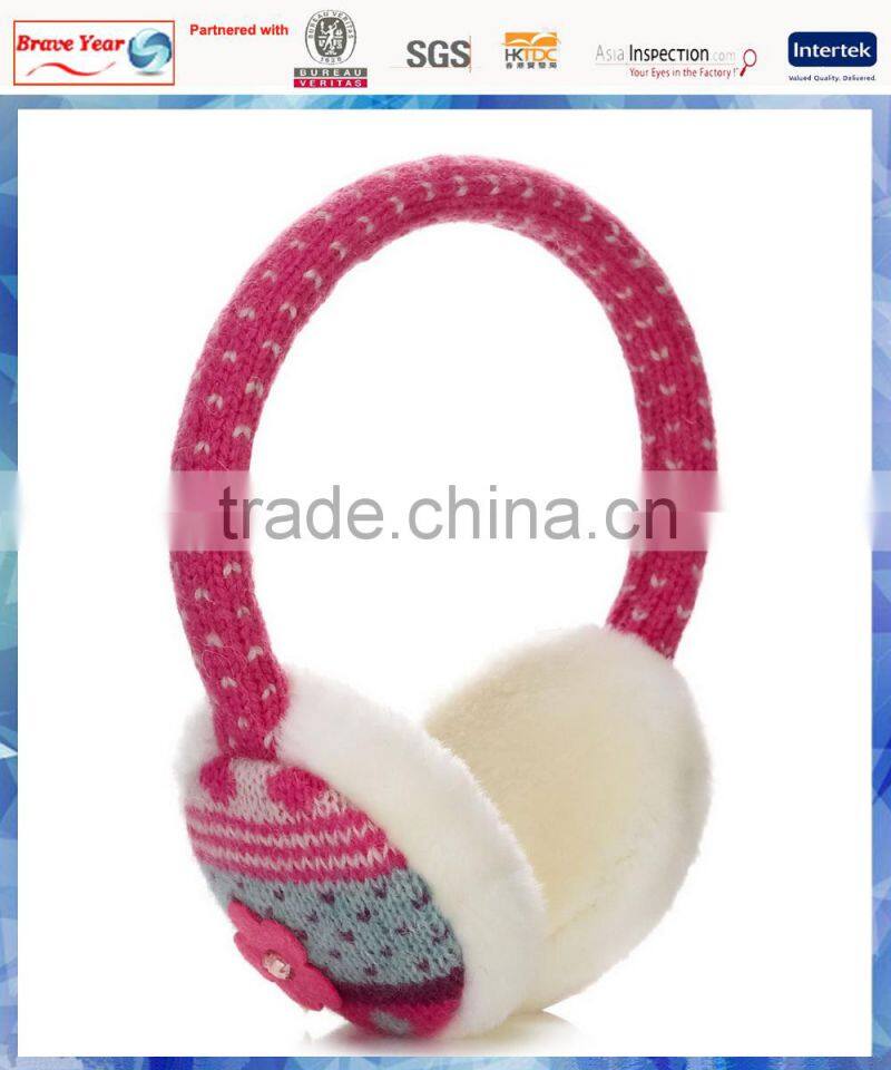 fairisle knitted kids earmuff with felt flower and fluffy lining