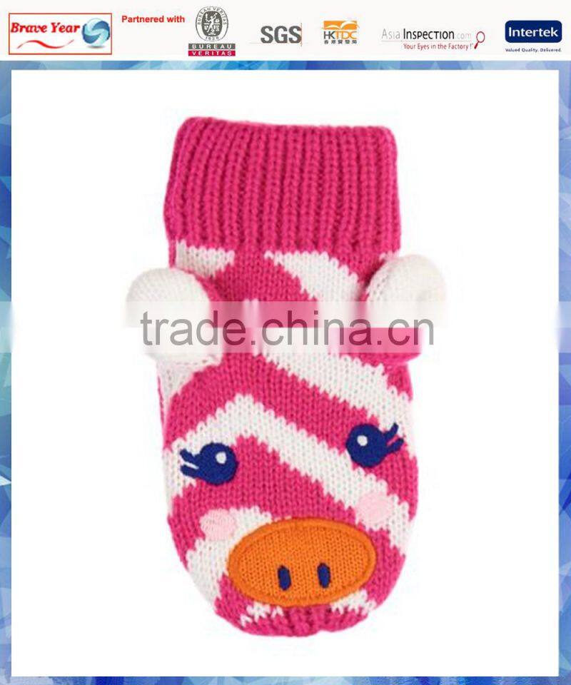 zebra stripe warm knit gloves with 3D ears for kids