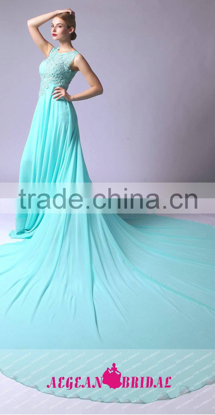 K123 2015 Real Sample Top Quality Chiffon Evening Dress with Long Train