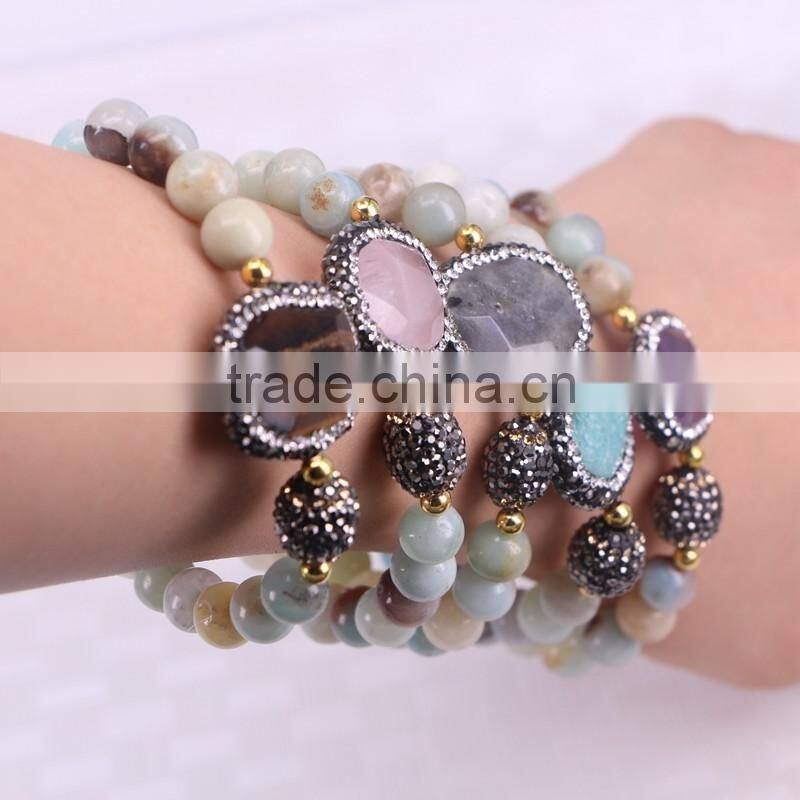 Pave Crystal Assorted Natural Stone Connector Druzy Bracelets, Natural Amazon Stone Beaded Jewelry Bracelets