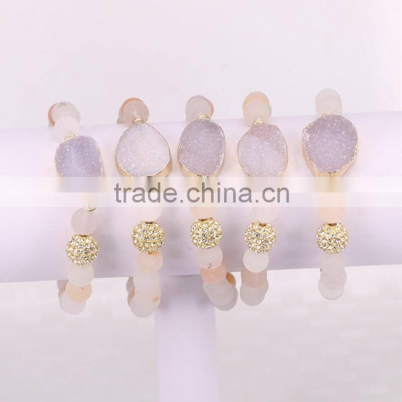 Gold Plated Natural Agate Quartz Stone Druzy Bracelet, with 8mm Frosted Agate Beaded Jewelry Bracelets