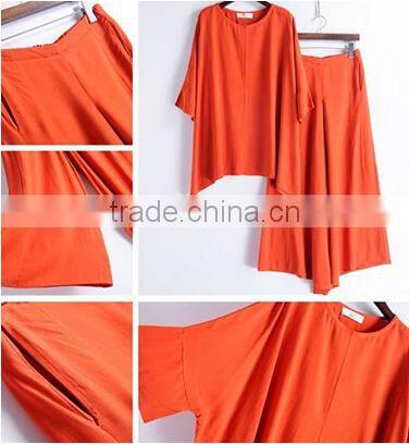 Women's Solid Loose Cotton Linen 2 Pcs Dolman Blouse Wide leg Pants Suits