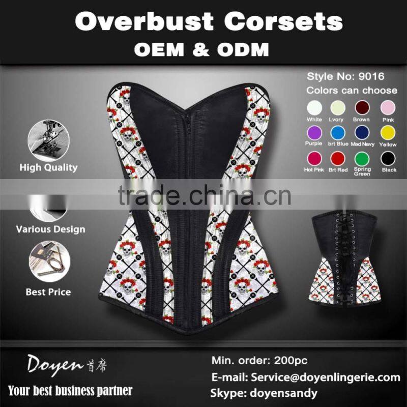 printing sexy zipper overbust corset bodysuit to wear out