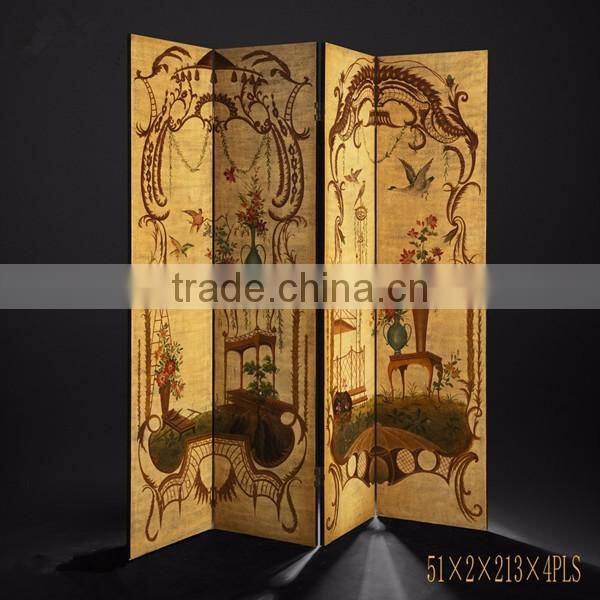 Traditional Chinese Furniture Hand Painting Four Panel Folding Screen, Retro Art Painting Decorative Wooden Floor Screen
