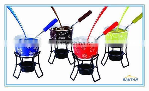 Ceramic cheese fondue set with stand with green color cheese press