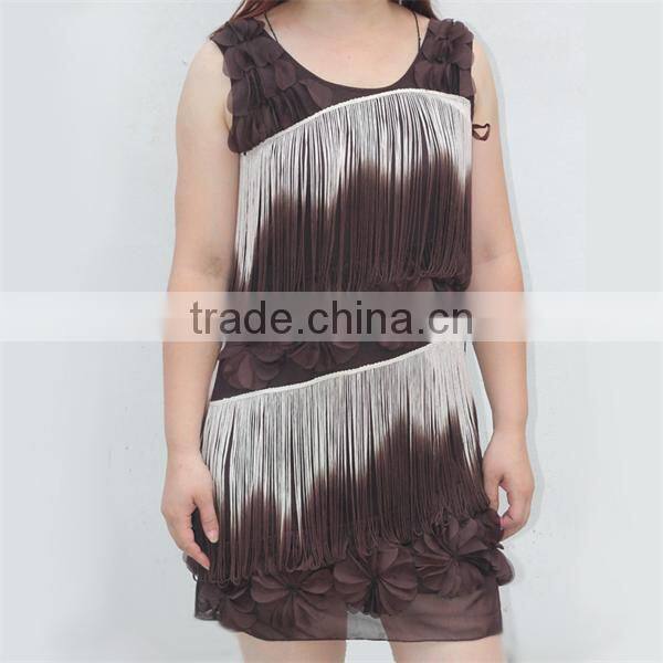 Porpular elegant ladies' sleeveless floral trimming tie dye tassel dress