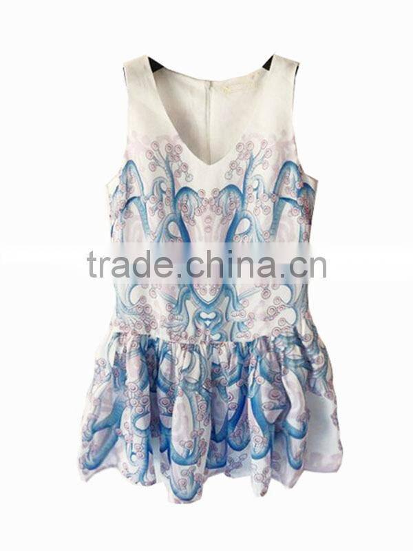 Ladies casual summer fashion sleeveless v neck print tulle flower girl dress pattern