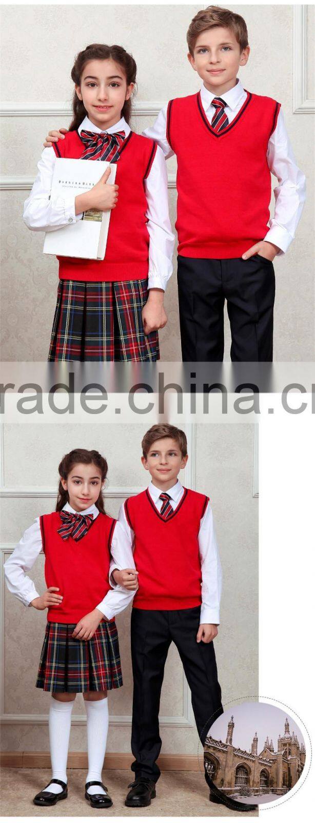 Red sleeveless unisex sweater vest school uniforms design with picture primary