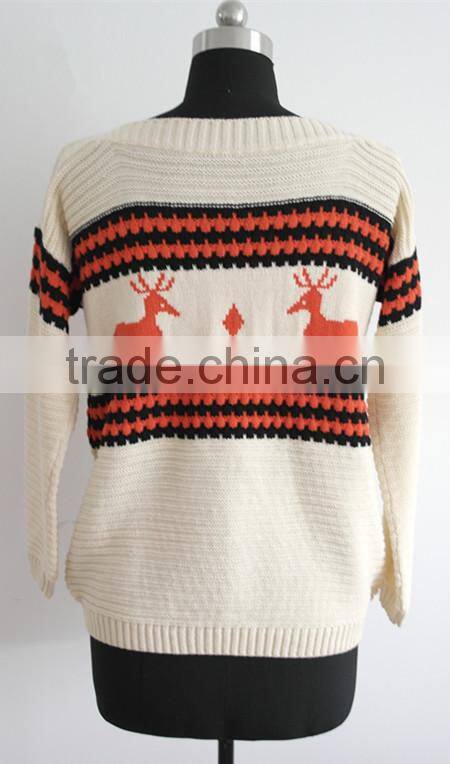 fashion girl crew neck chirtmas sweater with deer knitting pattern