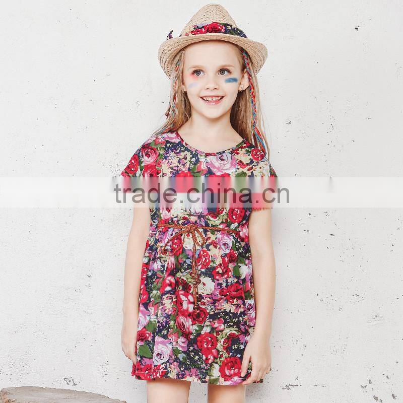 S60723B 2017 Child Girls Short Sleeve Round Neck Tube Casual Flared Midi Pleated Dress