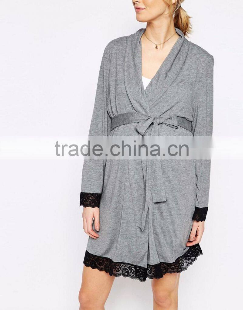 Regular fit long sleeve jersey sleeping robe for women,maternity lace trims robe 2016