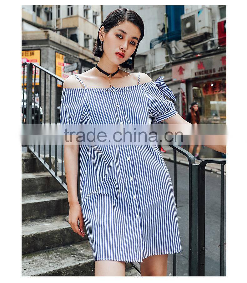 Dresses 2017 summer blue stripe one off shoulder dress lazy and comfortable fashion summer street style daily dress