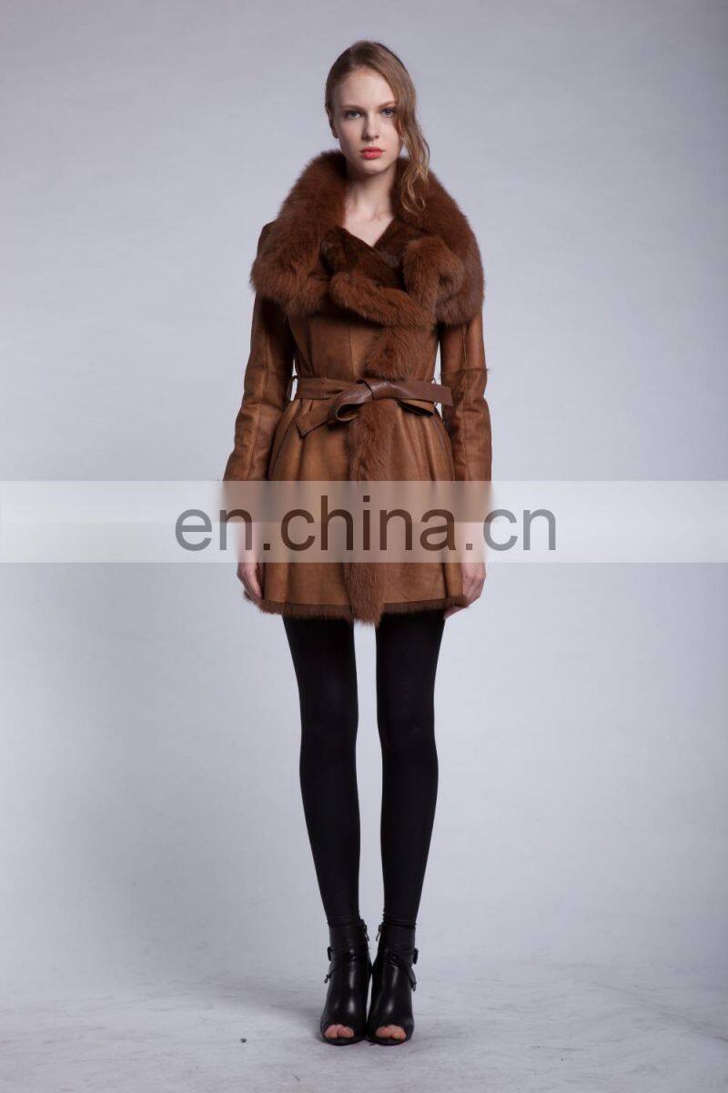 Luxury Fox Fur Trimmed Sheepskin Fur Garment Winter Fox Fur Hood Fur Jacket Bonjovi Original Design DOUBLE FACE Fur Coat
