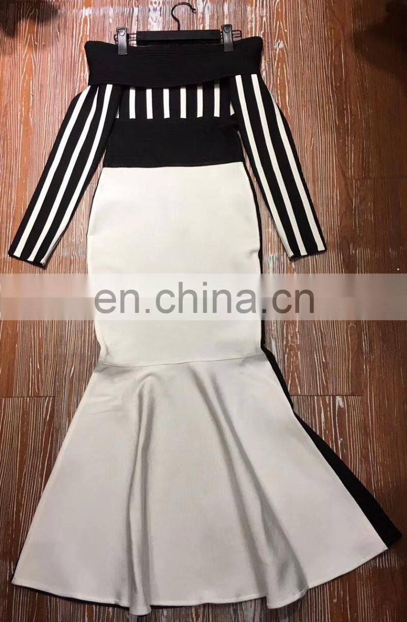 Amigo Long Sleeve Striped Off Shoulder Mermaid Sexy Elegant Party Bodycon Dresses Women Modest