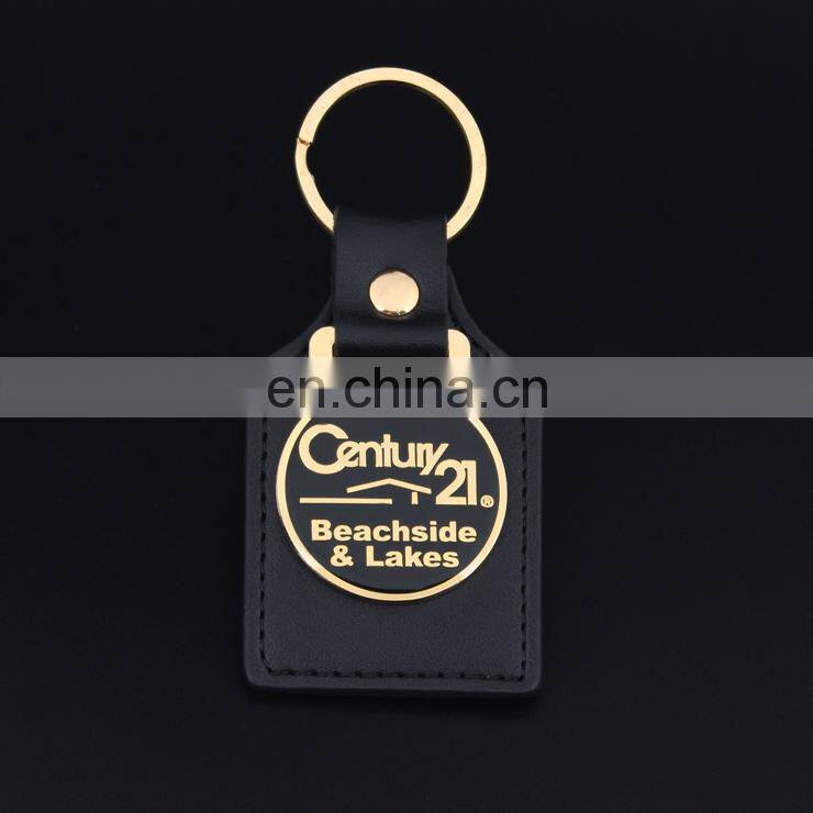 custom logo gold metal keychain black leather keychain