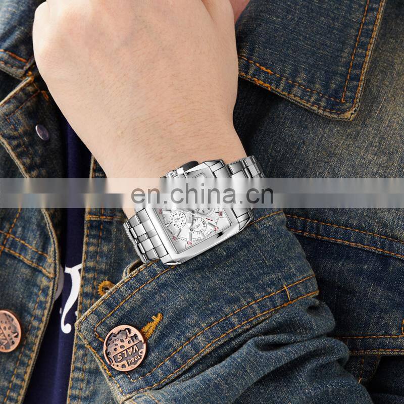 Megir 2018 Men's Square Stainless Steel Calendar Quartz Sport Military Chronograph Wristwatch Relogio Masculino