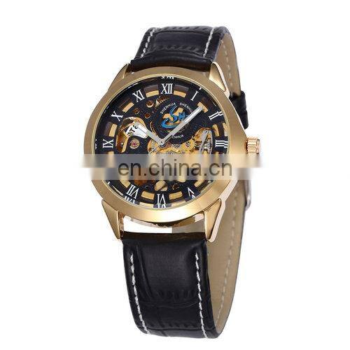 SHENHUA 9261 Leather Band Automatic Clock Mens Luxury Mechanical Skeleton Watch Montre Homme