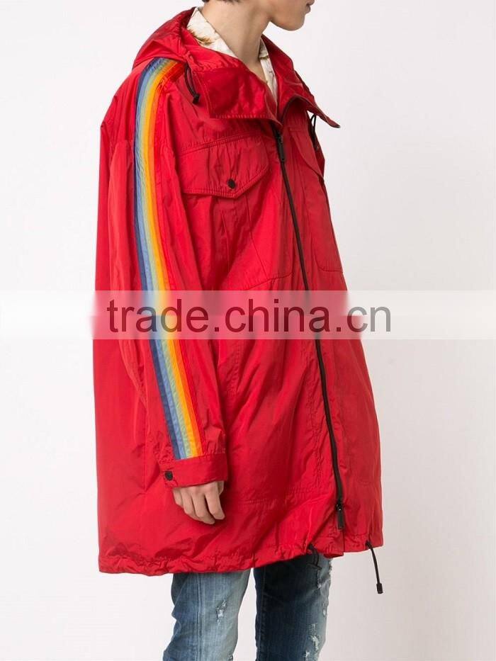 2016 new design stylish hooded red rainbow mens winter trench coat