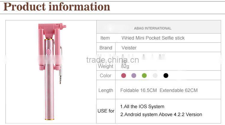 Veister 2016 Pocket size plug and play foldable mini wired cable selfie stick monopod