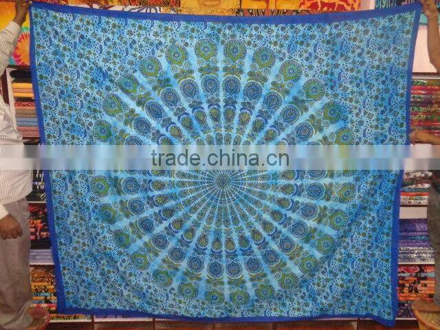 WHITE PRINTED BARMERI PEOCOCK MANDALA PRINTED TAPESTRY