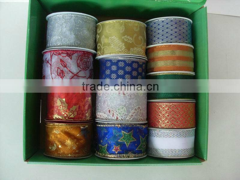 HOT SALE! Wired Gold Edge Trim Printing Woven Fabric Ribbon, Organdy Ribbons