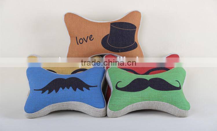 simple and popular cute bone shape mustache printed design linen home decorative chair sofa cushion neck rest car cushion pillow