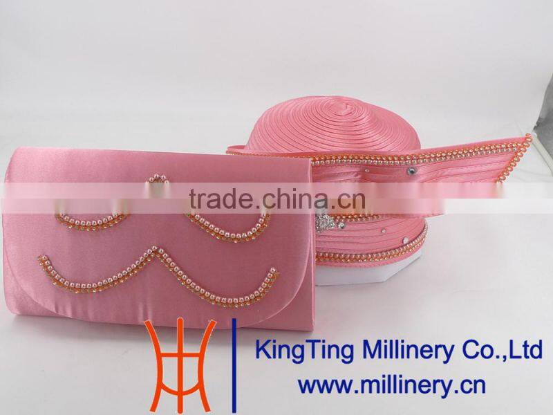 Pink Color With Broach Ladies Handbags and Church hats