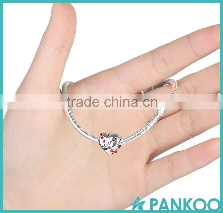 Romantic 925 Sterling Silver Ruby Heart Mother Word Beads Charms Fit Bracelet Gift for Mother
