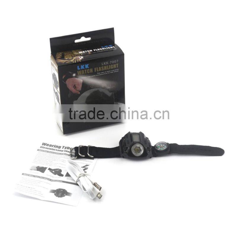 Outdoor Compass Flashlight Torch Lamp Light LED Date Display Wrist Watch Lamp