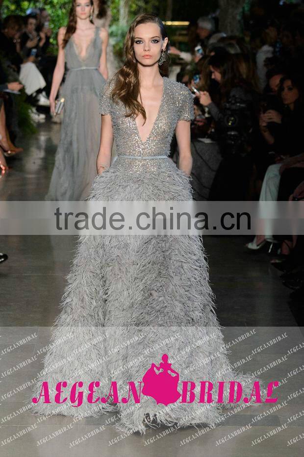 E31 Formal V Neck Short SLeeve Beading Upper Body Ostrich Feather Evening Dresses