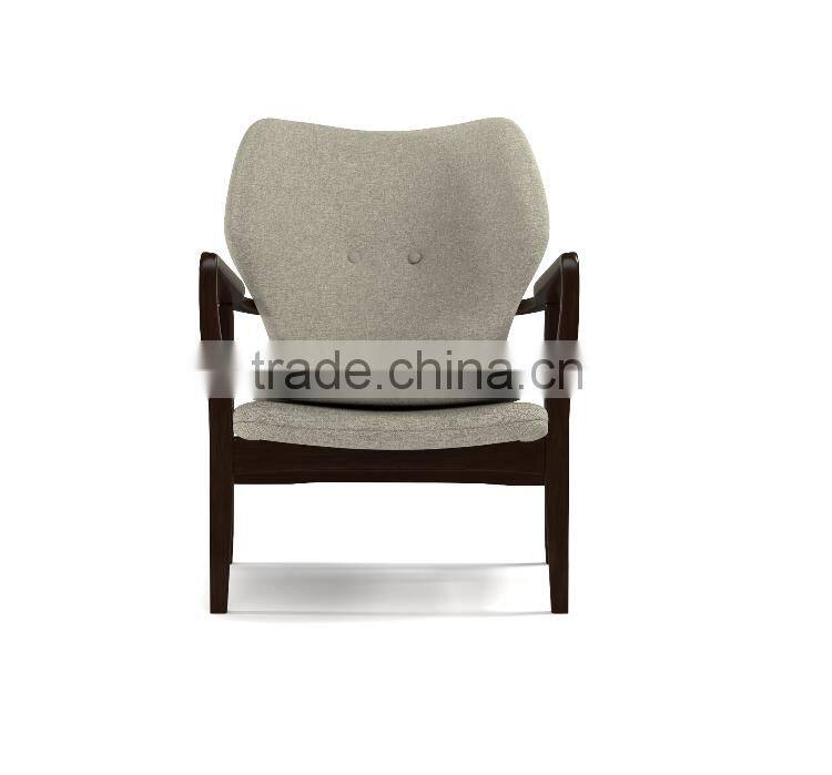 Mid-century walnut finished modern green fabric upholstered club chair with sleek polished wood arms