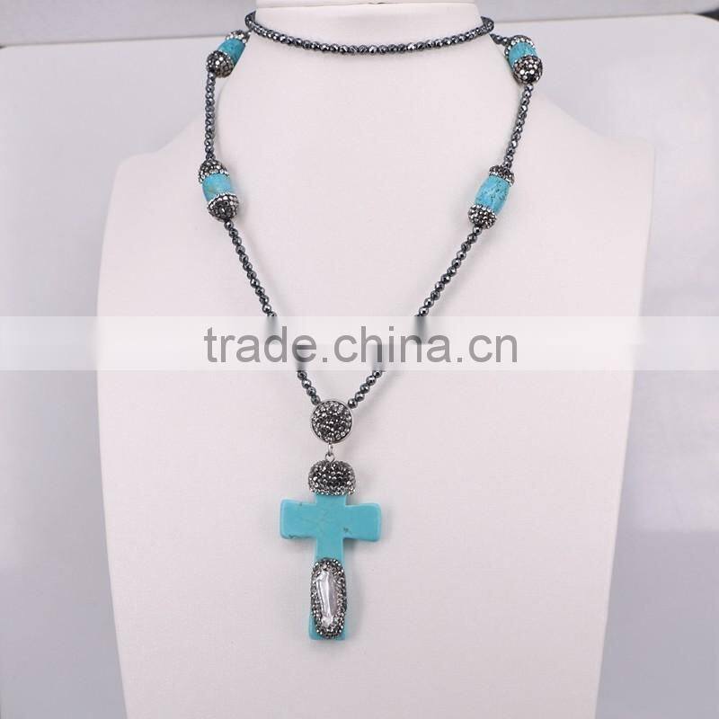 Charm Carved Shell Gem Necklace, with 3mm Black Hematite Beads Necklace, Pendant Druzy Natural Stone Necklace