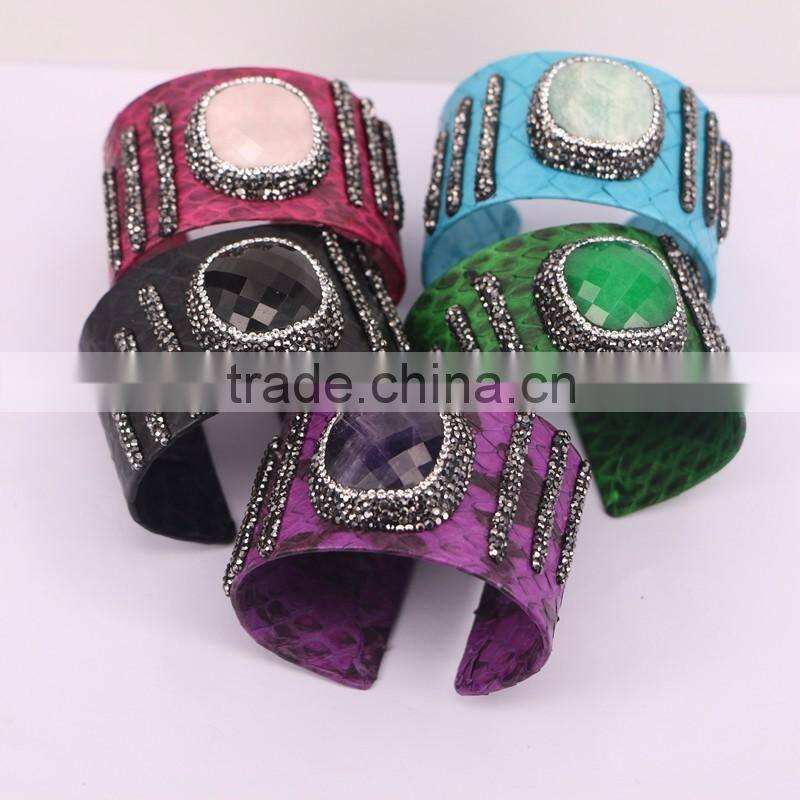 Natural Labradorite Amazon Turquoise Amethyst Gem Stone Bangle, Snakeskin Wrap Pave Crystal Leather 40mm Cuff Bangles
