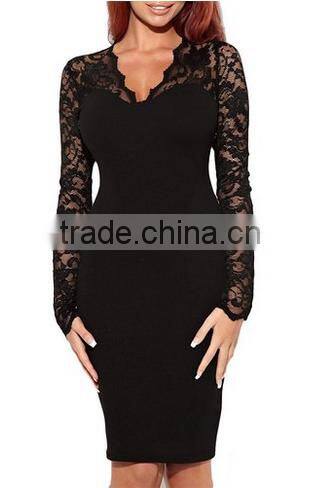 Women's Elegant Floral Lace Long Sleeves Bridesmaid Midi Dress