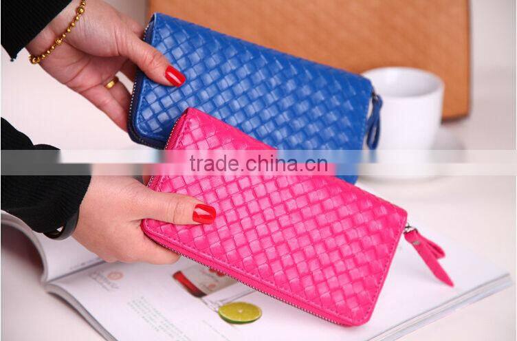New Korean Weave Quilted Lady Long Zipper PU Leather Purse Stylish Girls Clutch Wallet Zip Around Fashion Change Purse