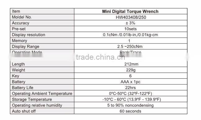 Taiwan Made High Quality New Digital Automotive Tool 2.5~250cNm Mini Digital Torque Wrench