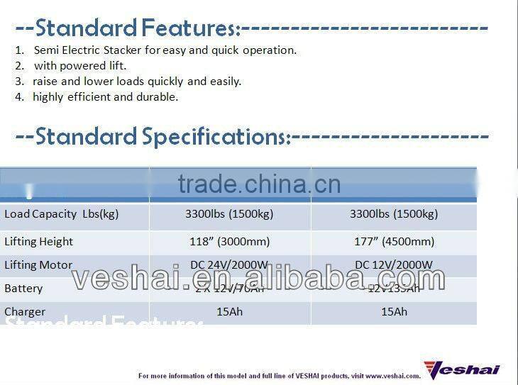 1.5 ton 3meter YELLOW VH-ES semi electric stacker truck
