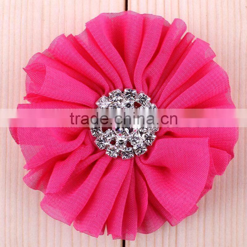 fabric chiffon flower with rhinestone center for kids hair accessories