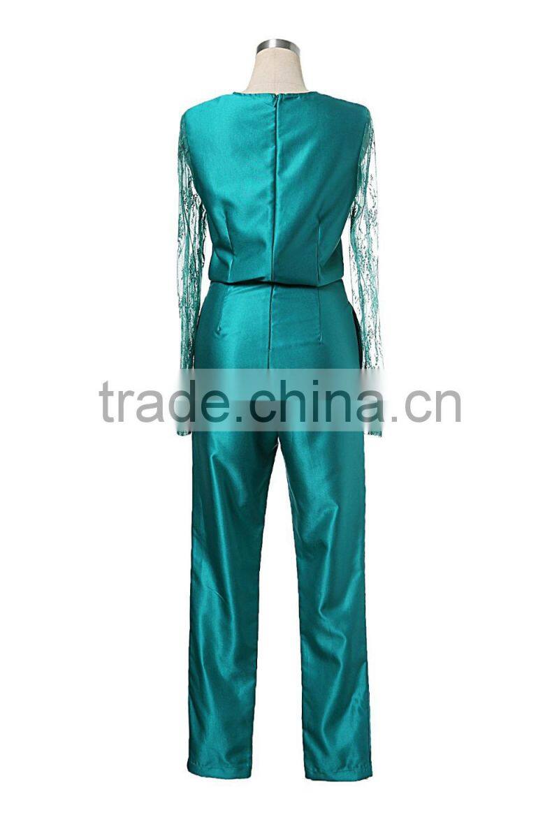 Autumn Round Neck Embroidered Mesh Patched Long Sleeve High Empire Pleated Women Jumpsuit