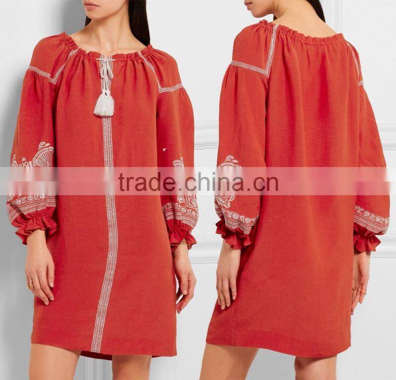 Cool Bohemian Embroidered Slub Crepe Linen Mini Dress Hand Flora Embroidery Designs 2016 HSD5750