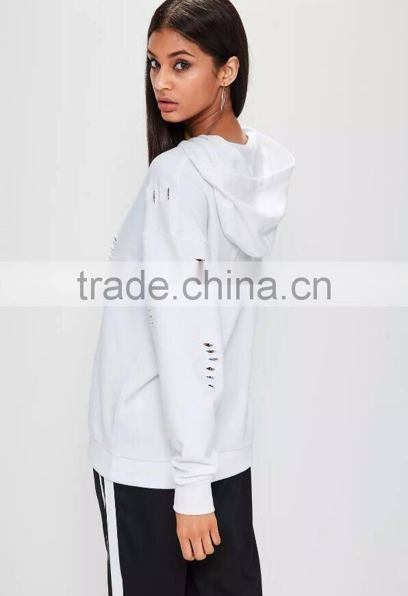 White Distressed Oversized Hoodie Cut Hole Custom 100% Cotton Frech Terry Drop Shoulder Ripped With Hooded
