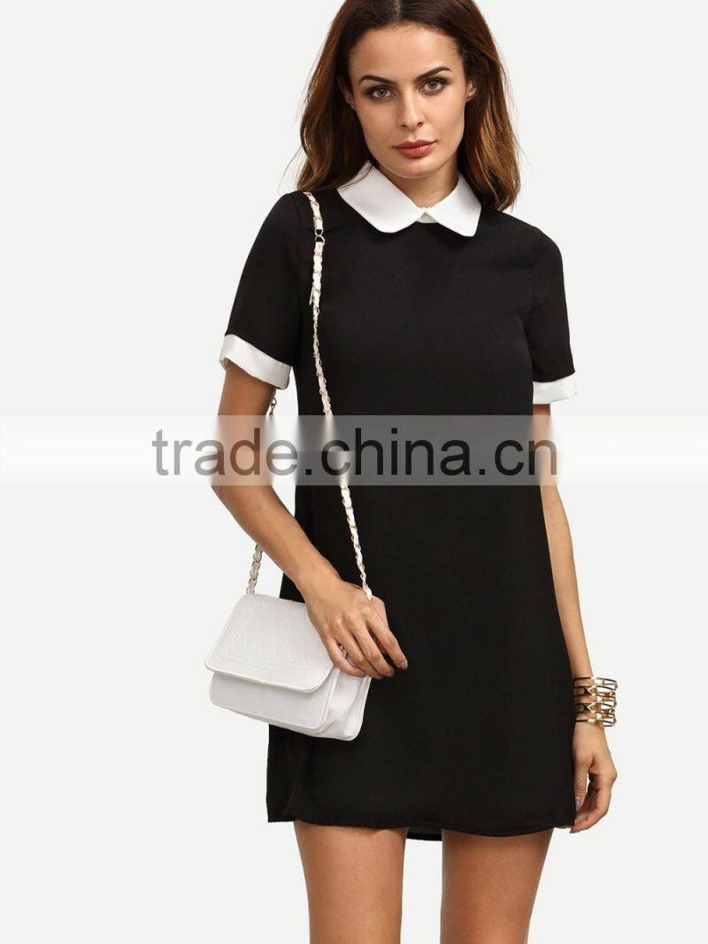 Black Peter Pan Collar Short Sleeve Shift Dress Patchwork 100% Polyester Short Sleeve Short Dress