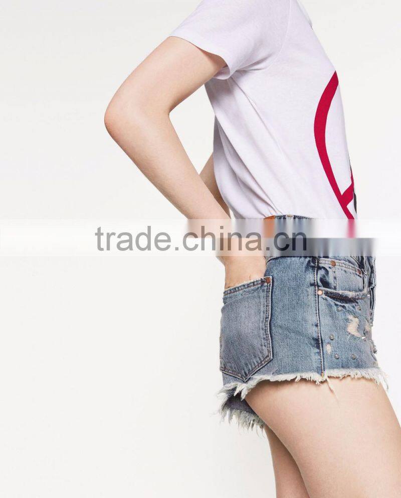 2016 custom fashion rivet ripped apparel young girl summer sexy women jeans shorts short pants half pants cotton girls