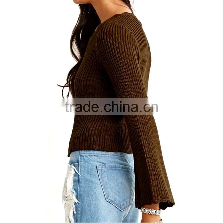 brown slouchy ribbed knit sweater pullover design with long bell sleeves